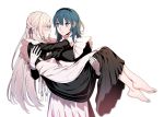  14_(vision5032) 2girls alternate_costume apron barefoot blue_eyes blush byleth_(fire_emblem) byleth_(fire_emblem)_(female) carrying edelgard_von_hresvelg expressionless eye_contact feet fire_emblem fire_emblem:_three_houses gloves green_hair hair_ribbon hairband long_hair looking_at_another maid maid_apron medium_hair multiple_girls princess_carry ribbon silver_hair simple_background toes upper_body white_gloves yuri 