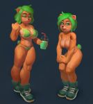  2019 5_fingers activision ami_bandicoot anthro bandicoot beverage bikini biped black_nose bra breasts clothing crash_bandicoot_(series) eyeliner featureless_breasts female fingers flo footwear front_view fur green_bra green_clothing green_eyeliner green_eyes green_footwear green_hair green_panties green_tail green_underwear grey_background hair hi_res holding_object humanoid_hands looking_at_viewer makeup mammal marsupial mostly_nude multicolored_body multicolored_fur multiple_images muscular muscular_female navel open_mouth open_smile orange_body orange_fur panties short_hair short_tail simple_background smile smirk sneakers standing swimwear tan_body tan_fur two_tone_body two_tone_fur underwear video_games 