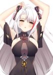  1girl :o absurdres alternate_costume antenna_hair armpits arms_up azur_lane bangs black_dress black_ribbon blush bow breasts brown_eyes character_name cleavage cowboy_shot dress eyebrows_visible_through_hair hair_between_eyes hair_ribbon highres large_breasts long_hair looking_at_viewer multicolored_hair open_mouth prinz_eugen_(azur_lane) prinz_eugen_(cordial_cornflower)_(azur_lane) red_hair ribbon sidelocks silver_hair simple_background solo streaked_hair suzuka_roa thighs two_side_up upper_body very_long_hair white_background 