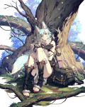  1girl absurdres animal_ears breasts cozy highres open_toe_shoes original short_hair sideboob sitting smile sword tree weapon yellow_eyes 