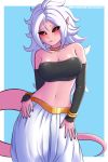  5_fingers armwear blush bracelet clothed clothing digital_media_(artwork) dragon_ball dragon_ball_fighterz female fingers hair hi_res humanoid jewelry long_hair looking_at_viewer majin majin_android_21 navel simple_background solo twistedscarlett60 