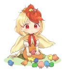  1girl animal animal_on_head animal_on_lap arm_support bangs bird bird_on_head blonde_hair blush capelet chibi chick chicken closed_mouth colorful dress eyebrows_visible_through_hair full_body green_legwear hands_on_lap multicolored_hair niwatari_kutaka on_head orange_dress puffy_short_sleeves puffy_sleeves red_eyes red_hair red_neckwear sasa_kichi shiny shiny_hair short_hair short_sleeves simple_background sitting solo tail touhou two-tone_hair wariza white_background wings 