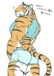  anthro barazoku blush butt clothed clothing cosplay felid fur giraffe_(artist) japanese_text kemono lam-chan looking_at_viewer looking_back male mammal multicolored_body multicolored_fur muscular muscular_male pantherine pink_nose rear_view simple_background solo striped_body striped_fur stripes text tiger tomodachi_life translated white_background 