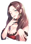  1girl breasts brown_hair cleavage da-cart dorothea_arnault earrings fingernails fire_emblem fire_emblem:_three_houses green_eyes highres jewelry large_breasts long_hair one_eye_closed parted_lips portrait ring signature simple_background smile solo upper_body white_background 