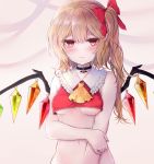  1girl ascot bangs bare_arms bare_shoulders black_choker blonde_hair blush breasts choker closed_mouth commentary crop_top crystal eyebrows_visible_through_hair fang fang_out flandre_scarlet frilled_shirt_collar frills frown grey_background hair_between_eyes hair_ribbon holding_arm long_hair looking_at_viewer medium_breasts midriff nail_polish navel neckerchief no_hat no_headwear one_side_up pointy_ears red_eyes red_nails red_ribbon ribbon sidelocks sleeveless solo stomach symbol_commentary touhou underboob upper_body wings yellow_neckwear yuma_(yuuma_pants) 