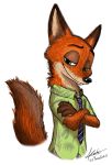  anthro black_nose canid canine clothed clothing crossed_arms dipstick_ears disney fluffy fluffy_tail fox fur green_eyes hi_res mammal multicolored_ears neck_tuft necktie nick_wilde orange_body orange_fur praisecastiel red_fox shirt simple_background smile solo topwear tuft white_background zootopia 