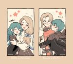  2boys 2girls absurdres artist_name blush brown_hair byleth_(fire_emblem) byleth_(fire_emblem)_(female) byleth_(fire_emblem)_(male) character_name closed_eyes cravat dual_persona english_text eyes_visible_through_hair fire_emblem fire_emblem:_three_houses green_hair highres hug jeritza_von_hrym long_hair mask mercedes_von_martritz multiple_boys multiple_girls refrainbow short_hair siblings smile star sweatdrop upper_body yaoi yuri 