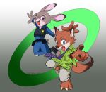  abstract_background anthro bottomwear brown_body brown_fur buckteeth canid canine claws clothed clothing dipstick_tail disney duo fox fully_clothed fur gradient_background grey_body grey_fur inner_ear_fluff izu_yoku judy_hopps lagomorph leporid mammal multicolored_tail necktie nick_wilde open_mouth open_smile pants police_uniform purple_eyes rabbit red_fox shirt simple_background smile teeth toe_claws topwear tuft uniform zootopia 