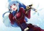  1girl :d belt blue_hair bodysuit breasts chaps cropped_jacket cryokinesis gloves ice jacket kula_diamond long_hair looking_at_viewer medium_breasts nanase_kokono open_mouth red_eyes smile solo the_king_of_fighters the_king_of_fighters_xiv zipper 