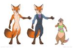  2018 4_fingers 4_toes andy_borrego_(zaush) animal_genitalia anthro balls biped blue_eyes bottomless brown_body brown_fur bulge canid canine claws clothed clothing digital_media_(artwork) duo eyewear fingers fox front_view fully_sheathed fur glasses hi_res jayden_coultier_(zaush) looking_at_another looking_away lutrine male mammal model_sheet mustelid nude open_mouth open_smile orange_body orange_fur penis sheath shirt signature simple_background size_difference smile standing tan_body tan_fur text toes topwear url watermark white_background zaush 
