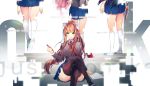  4girls ahoge black_legwear blazer blood bloody_knife blue_skirt book breasts brown_hair character_name closed_mouth commentary_request crossed_legs cuts doki_doki_literature_club english_text green_eyes hair_ribbon highres himino0 holding holding_knife injury jacket kneehighs knife large_breasts long_hair looking_at_viewer mechanical_pencil monika_(doki_doki_literature_club) multiple_girls natsuki_(doki_doki_literature_club) neck_ribbon paper pencil pink_hair pleated_skirt ponytail red_ribbon ribbon sayori_(doki_doki_literature_club) school_uniform serafuku shoes sitting skirt smile standing thighhighs twitter_username uwabaki very_long_hair white_legwear white_ribbon yuri_(doki_doki_literature_club) 