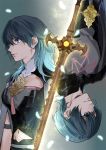  1boy 1girl bangs blue_eyes blue_hair byleth_(fire_emblem) byleth_(fire_emblem)_(female) byleth_(fire_emblem)_(male) cape closed_mouth commentary_request eyebrows_visible_through_hair fire_emblem fire_emblem:_three_houses hair_between_eyes long_hair navel profile short_hair sword tang_xinzi weapon 