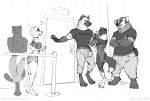  2018 4_fingers abs angry anthro badger barefoot border_collie bottomless bottomwear bouncer breasts bulge canid canine canis clothed clothing collie digital_drawing_(artwork) digital_media_(artwork) domestic_dog english_text eye_contact felid female fingers fondling furgonomics grope group half-closed_eyes herding_dog hi_res hyaenid jealous jeans larger_male looking_at_another male mammal monochrome muscular muscular_male mustelid musteline pantherine pants pastoral_dog paws sheepdog shirt shorts simple_background size_difference sketch skimpy small_breasts smaller_female smile spotted_hyena text topwear url white_background zaush 