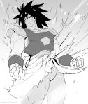  1boy armor black_hair broly_(dragon_ball_super) closed_mouth dragon_ball dragon_ball_super dragon_ball_super_broly male_focus monochrome muscle rejean_dubois scar solo spiked_hair wristband 