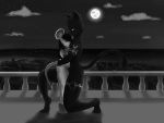  4:3 anthro balcony bodily_fluids cloud crying detailed_background duo ear_piercing ear_ring felid female full_moon hi_res hug male mammal monochrome moon murid murine night nude pantherine piercing rat rodent romantic rooftops ruanshi sad sea tatosi tattoo tears town water 