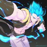  1boy closed_mouth dragon_ball dragon_ball_super dragon_ball_super_broly gogeta looking_at_viewer male_focus muscle pants rejean_dubois simple_background smile solo spiked_hair super_saiyan_blue wristband 