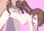  1boy 1girl blue_eyes blush breasts brown_hair commentary_request doggystyle fellatio fukutchi hair_grab hetero long_hair medium_breasts nipples nude open_mouth oral original outline pink_background ponytail sex simple_background solo_focus tongue tongue_out twintails 