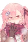  1girl absurdres bangs blush bow braid breasts breathing cold eyebrows_visible_through_hair girls_frontline gloves hair_between_eyes hair_bow hair_ornament hair_ribbon hairclip hand_up hexagram highres jacket jingo long_hair looking_at_viewer negev_(girls_frontline) one_side_up pink_hair red_bow red_eyes ribbon scarf shirt simple_background smile solo star_of_david 