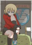  1girl :t bangs black_footwear black_skirt blonde_hair blue_eyes blush boots braid churchill_(tank) closed_mouth commentary_request cup darjeeling emblem epaulettes flag frown girls_und_panzer glaring ground_vehicle holding holding_cup jacket leg_hug long_sleeves looking_at_viewer military military_uniform military_vehicle miniskirt motor_vehicle pleated_skirt pout red_jacket short_hair sitting skirt solo st._gloriana&#039;s_(emblem) st._gloriana&#039;s_military_uniform tank teacup tied_hair twin_braids uniform white_flag zannen_na_hito 