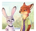  ambiguous_gender andyfirelife anthro building canid canine cheek_tuft city dipstick_ears disney duo face_tuft fox fur green_eyes grey_body grey_fur judy_hopps lagomorph leporid looking_at_another mammal multicolored_ears nick_wilde orange_body orange_fur outside pink_nose purple_eyes rabbit red_fox smile tan_body tan_fur tuft zootopia 