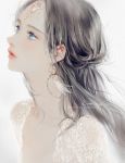  1girl artist_name black_hair blue_eyes dadachyo earrings eyelashes forehead_jewel from_side gem half_updo highres jewelry lace lips long_hair looking_away looking_up original parted_lips portrait simple_background solo transparent watermark web_address white_background 