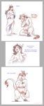  anthro asinus big_breasts blush breasts clothed clothing collar comic demon dialogue donkey duo equid equine female hi_res hooves horn humanoid kneeling mammal nipples nude post_transformation pussy simple_background strawberrytfs tail_tuft teats tuft white_background 