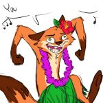 animated anthro ask-thezpd bottomwear canid canine clothed clothing dipstick_tail disney flower fox gloves_(marking) leg_markings lei male mammal markings multicolored_tail nick_wilde plant red_fox simple_background singing skirt socks_(marking) solo topless white_background zootopia 