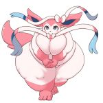  1:1 anthro belly big_belly big_breasts black_nose blue_eyes bow breasts eeveelution featureless_breasts female fur hi_res huge_breasts looking_at_viewer nintendo nude obese obese_female overweight overweight_female pok&eacute;mon pok&eacute;mon_(species) simple_background smile solo standing sylveon thick_thighs video_games white_background wide_hips yosioka_san 