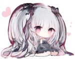  1girl bangs barefoot big_hair black_dress black_ribbon blush chibi closed_mouth commentary_request cottontailtokki dress elbow_gloves eyebrows_visible_through_hair frilled_dress frills full_body gloves granblue_fantasy grey_gloves hair_between_eyes hair_ribbon heart long_hair looking_at_viewer orchis red_eyes ribbon shingeki_no_bahamut sidelocks silver_hair solo strapless strapless_dress two_side_up very_long_hair white_background 