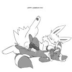  1:1 2019 3_toes animal_genitalia animal_penis balls black_penis blush canine_penis digital_media_(artwork) duo eeveelution english_text feral feral_on_feral fur hi_res jolteon knot lying male male/male miau monochrome nintendo on_side pawpads paws penis pok&eacute;mon pok&eacute;mon_(species) simple_background text toes umbreon video_games 