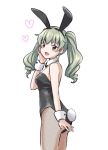  1girl anchovy animal_ears bangs black_legwear black_leotard black_neckwear bunny_ears bunny_tail bunnysuit collar commentary cowboy_shot detached_collar drill_hair eyebrows_visible_through_hair fake_animal_ears fake_tail fishnet_legwear fishnets from_side girls_und_panzer green_hair hand_on_own_face heart katakori_sugita leotard long_hair looking_at_viewer looking_back open_mouth pantyhose red_eyes simple_background smile solo standing strapless strapless_leotard tail twin_drills twintails white_background white_collar wrist_cuffs 