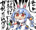  1girl :3 animal_ear_fluff animal_ears bangs black_gloves blue_hair blush_stickers braid brown_eyes bunny_ears carrot_hair_ornament closed_mouth dress eyebrows_visible_through_hair food_themed_hair_ornament fur-trimmed_dress fur-trimmed_gloves fur_collar fur_trim gloves hair_between_eyes hair_ornament hololive kanikama long_hair lowres multicolored_hair short_eyebrows solo thick_eyebrows translation_request twin_braids twintails two-tone_hair usada_pekora very_long_hair virtual_youtuber white_dress white_hair 