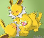  2015 3_toes blush bodily_fluids clenched_teeth cum cumshot digital_media_(artwork) duo eeveelution ejaculation electricity erection eyes_closed feral feral_on_feral frottage fur genital_fluids green_background hi_res jolteon male male/male miau nintendo open_mouth orgasm orgasm_face penis pok&eacute;mon pok&eacute;mon_(species) precum quadruped sex simple_background teeth toes video_games yellow_body yellow_fur 