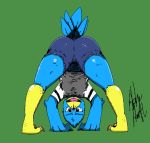  2019 2_toes 3_fingers all_fours anthro ass_up avian beak berdly bird_feet blue_body blue_feathers bottomwear butt clothed clothing crazybluedog.exe_(artist) deltarune eyewear feathers fingers fully_clothed glasses green_background half-closed_eyes looking_at_viewer looking_through_legs male open_mouth shirt shorts simple_background solo tail_feathers talons toes tongue topwear video_games 