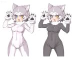  1girl :3 :d animal_ear_fluff animal_ears ass_visible_through_thighs black_bodysuit blue_eyes bodysuit breasts cameltoe claws commentary covered_navel cowboy_shot dog_(mixed_breed)_(kemono_friends) dog_ears eyebrows_visible_through_hair fangs fur_collar gloves grey_bodysuit grey_hair hands_up heterochromia kemono_friends looking_at_viewer medium_breasts multicolored multicolored_bodysuit multicolored_clothes multicolored_hair multiple_views nyifu open_mouth paw_gloves paws short_hair simple_background smile two-tone_hair white_background white_bodysuit white_hair yellow_eyes 