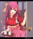  1girl commentary_request cowboy_shot cup dated door doorknob hakama highres japanese_clothes kamikaze_(kantai_collection) kantai_collection kimono letterboxed long_hair looking_at_viewer medara meiji_schoolgirl_uniform open_mouth pink_hakama purple_eyes purple_hair red_kimono smile solo tasuki tray twitter_username yunomi 