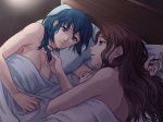  2girls blue_eyes breasts brown_hair byleth_(fire_emblem) byleth_(fire_emblem)_(female) dorothea_arnault fire_emblem fire_emblem:_three_houses green_eyes green_hair highres lips long_hair lying motonaka_kei multiple_girls on_bed on_side open_mouth smile yuri 