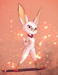  absurd_res anthro brown_eyes cheek_tuft embers face_tuft featureless_crotch fur hi_res light lighting mostly_nude nintendo orange_background pink_nose pointedfox pok&eacute;mon pok&eacute;mon_(species) scorbunny scut_tail simple_background smile standing toeless_legwear tuft video_games white_body white_fur 