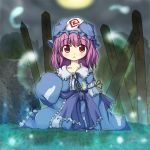  1girl bad_id full_moon hat hitodama long_sleeves moon nekonote_(nekono_paraiso) night open_mouth outdoors purple_hair red_eyes saigyouji_yuyuko sitting sleeves_past_wrists solo sotoba touhou triangular_headpiece 