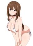  1girl bangs bare_arms bare_shoulders bikini black_choker breasts brown_eyes brown_hair choker cleavage collarbone commentary_request cowboy_shot halterneck hands_on_own_thighs highres large_breasts leaning_forward long_hair looking_at_viewer mole mole_under_eye original parted_lips seihekiog side-tie_bikini simple_background skindentation solo standing swimsuit white_background white_bikini 