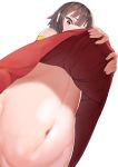  1girl bare_shoulders blush brown_hair dress dress_lift from_below groin highres kono_subarashii_sekai_ni_shukufuku_wo! lifted_by_self megumin midriff navel out-of-frame_censoring red_dress red_eyes sikijou77o simple_background solo stomach white_background 