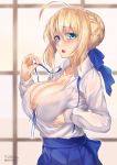  artoria_pendragon_(lancer) bra breast_hold cleavage fate/grand_order hirasawa_seiji open_shirt see_through 