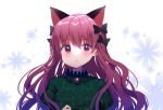  1girl :&lt; alternate_hairstyle animal_ears bangs bell black_bow blush bow cat_ears commentary_request dress eyebrows_visible_through_hair green_dress hair_between_eyes hair_bow hair_down jingle_bell kaenbyou_rin koto_seori long_hair looking_at_viewer puffy_sleeves red_eyes red_hair simple_background solo touhou upper_body white_background 