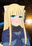  1girl animal_ear_fluff animal_ears atsumisu bangs black_ribbon blonde_hair blue_dress cat_ears commentary_request dress eyebrows_visible_through_hair fate/grand_order fate_(series) flower green_eyes hair_flower hair_ornament hair_ribbon kemonomimi_mode long_hair parted_lips reines_el-melloi_archisorte ribbon rose solo 