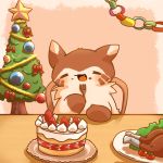  1:1 2018 brown_body brown_fur cake christmas christmas_tree eating eyes_closed food fur furret hi_res holidays ke_mo_suke nintendo pok&eacute;mon pok&eacute;mon_(species) solo tree video_games 