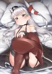  1girl absurdres amatsukaze_(kantai_collection) areola_slip areolae ass bare_shoulders bed black_panties blush breasts brown_dress brown_eyes cameltoe choker closed_mouth collarbone commentary_request dress eyebrows_visible_through_hair garter_straps hair_tubes hairband high_heels highres kantai_collection leg_up legs long_hair long_sleeves looking_at_viewer lying off_shoulder on_bed open_clothes panties pillow rudder_footwear silver_hair small_breasts smokestack_hair_ornament solo steam sweat thighhighs two_side_up underwear wet zetsuriinu_(kairyougata) 