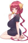  1girl barefoot blush breasts buyong22 curled_horns dot_nose dragon_girl eyebrows_visible_through_hair food_in_mouth highres horns huge_breasts ilulu_(maidragon) kobayashi-san_chi_no_maidragon long_hair low_twintails pointy_ears red_eyes red_hair seiza shirt sidelocks sitting slit_pupils solo sweat twintails very_long_hair 