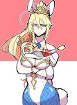  ahoge animal_ears animalization artoria_pendragon_(all) artoria_pendragon_(swimsuit_ruler)_(fate) blonde_hair blue_legwear blue_neckwear braid bunny_ears bunnysuit cowboy_shot detached_collar fate_(series) fishnet_legwear fishnets french_braid hair_ornament hair_scrunchie highleg highleg_leotard leotard mordred_(fate)_(all) mordred_(swimsuit_rider)_(fate) mother_and_daughter navel_cutout red_scrunchie scrunchie takatsuki_nato white_leotard wrist_cuffs 