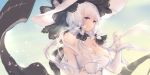  1girl artist_name azur_lane bare_shoulders blue_eyes breasts cleavage day dress elbow_gloves flight_deck floating_hair gloves hair_ornament hand_up hat illustrious_(azur_lane) large_breasts long_hair looking_at_viewer solo strapless strapless_dress sun_hat swd3e2 upper_body white_dress white_gloves white_hair white_headwear 