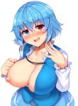  1girl :d bangs blue_eyes blue_hair blue_skirt blue_vest blush breasts collarbone commentary_request eyebrows_visible_through_hair hair_between_eyes hands_up head_tilt heterochromia highres large_breasts long_sleeves looking_at_viewer nipples one_breast_out open_clothes open_mouth open_shirt red_eyes shirt short_hair simple_background skirt smile solo sweat tatara_kogasa tokoya_(ex-hetare) touhou upper_body vest white_background white_shirt 
